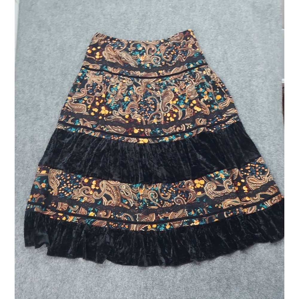 Tribal Skirt Womens 12 Black Paisley Tiered Maxi Flowy Velvet Boho Gypsy Gothic